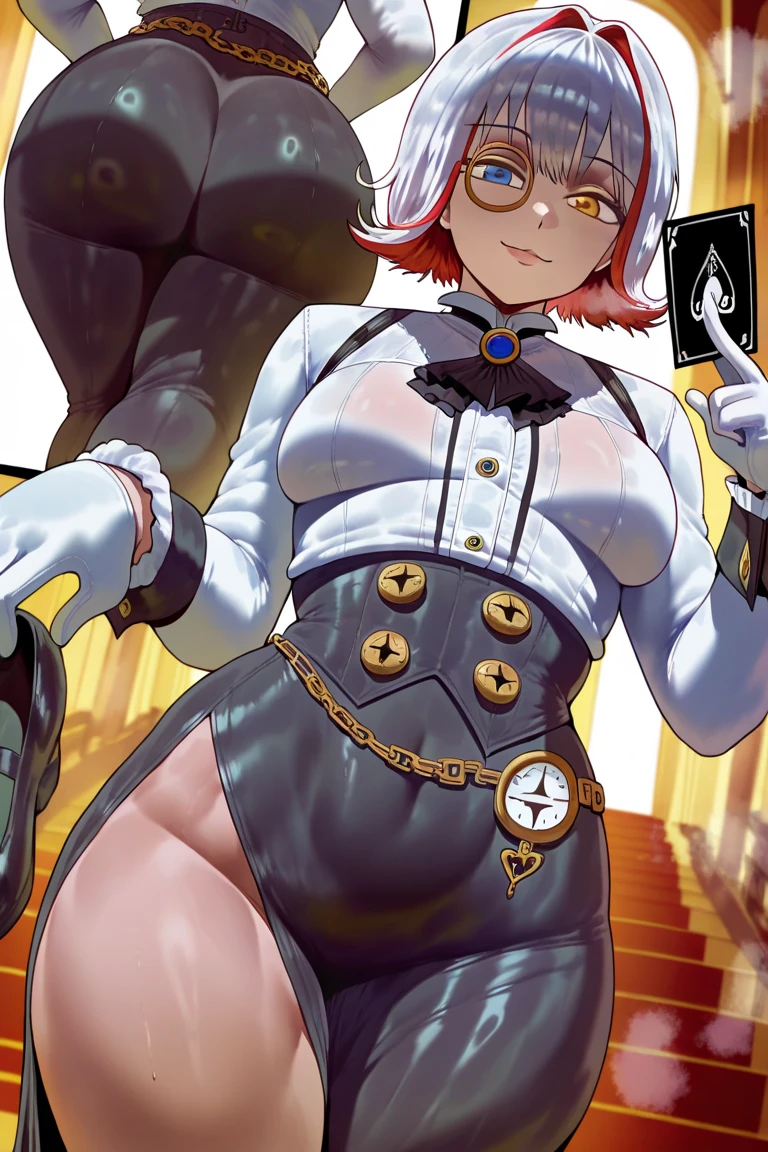 (masterpiece), best quality, expressive eyes, perfect face(masterpiece), best quality, expressive eyes, perfect face, 3 women, 25 age, standing, 80s style, short white hair, bronze skin, large breasts, wide hips, brown leather jacket, amber eyes, dark aviator glasses, neon city on background, holsters, spike chocker, holster, gun holster, bondage gear, armwear, legwear, black gloves, elbow sleeves, thick thighs, pantyhose, harness, shaved pussy, pussy visible through clothes, see-through pantyhose, pussy visible through pantyhose, shirtless,