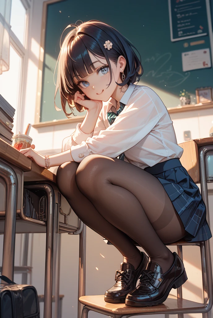 ((masterpiece, best quality)),best aesthetic,1girl, desk, sitting, school desk, detailed iris, sparkle eyes, star in eyes, enchanting purple eyes, (multicolored eyes), (shining dust), (heterochromia), (messy hair:1.3), (hair between eyes), (hair over one eye), (wavy hair:1.1), classroom, long hair, indoors, chair, looking at viewer, :p, solo focus, brown eyes, skirt, long sleeves, open legs, spread legs, wet, sweating,transparent shirt, (see through:1.3), (transparent clothes:1.3), black serafuku, pleated skirt, sailor collar, bangs, headrest, school chair