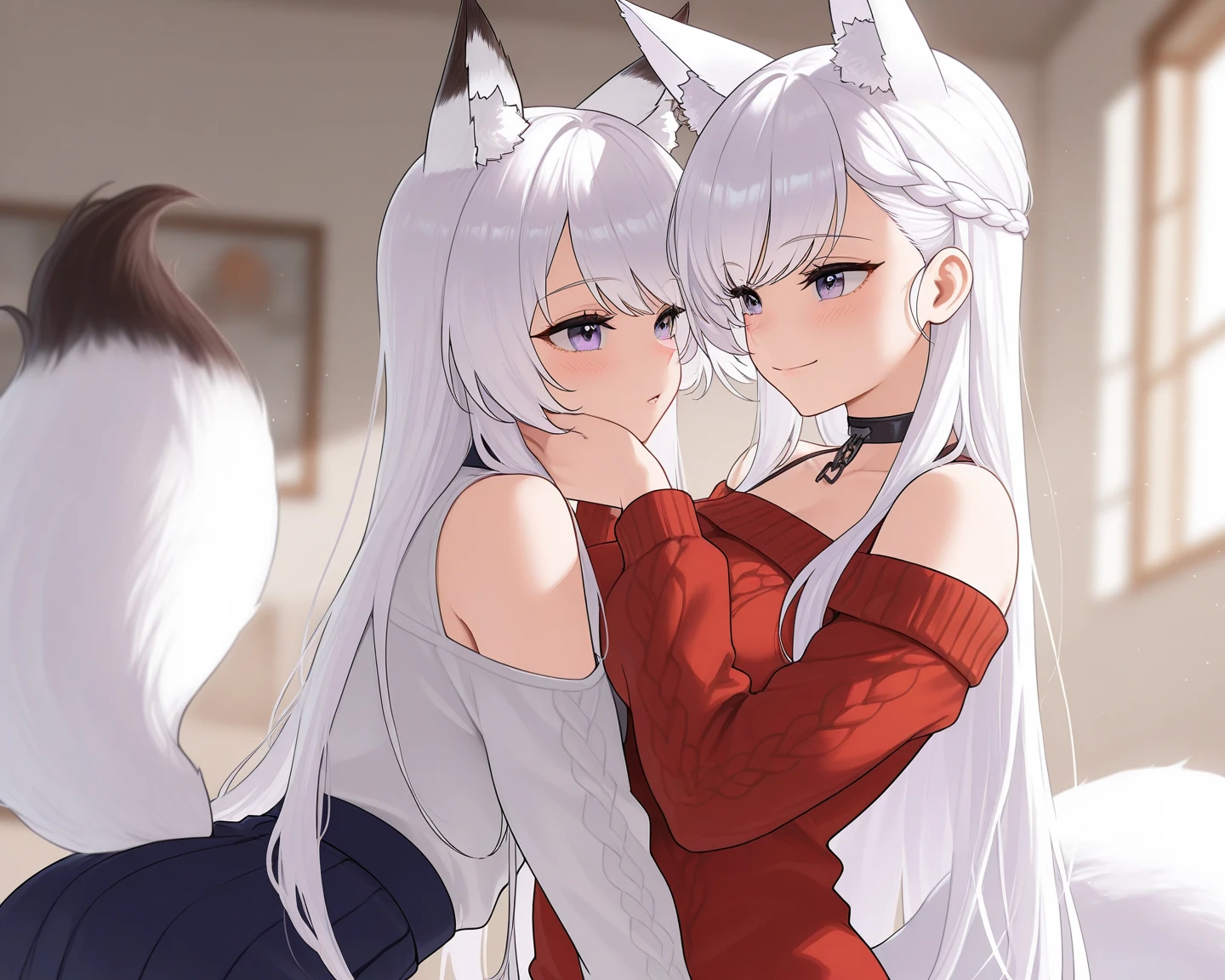 Two furry women in short dresses showing their underwear and hugging each other There are two FURRY girls, they are two wolves and one has white hair and the other red 