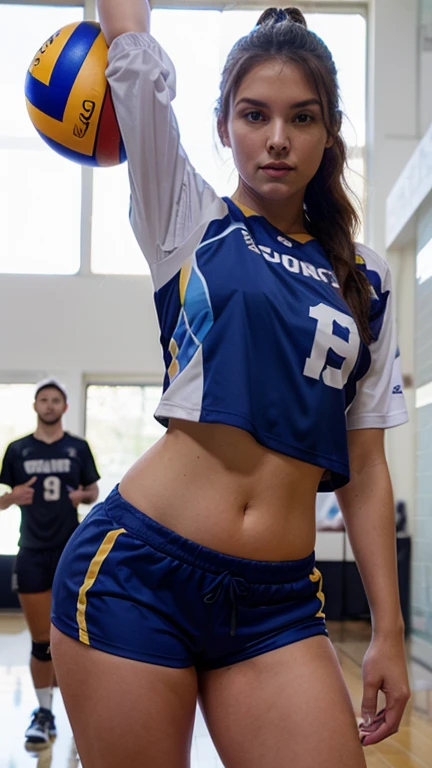 realistically, a high resolution, gentlesoftlighting, Beautiful, seductive, sexy, white american, 18 years old, tall and slim, wearing UCLA volleyball uniform, full standing, in the gym, facing camera, 8k, masterpiece, master works, deep cameltoe bulge, slender legs