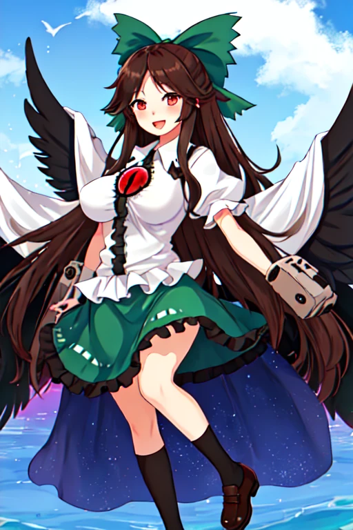 score_9, score_8_up, solo, blue sky, clouds, particles, sun, (arm cannon:0.5), (control rod)
BREAK
1girl, reiuji utsuho, black hair, long hair, hair bow, red eyes, third eye, black wings, white shirt, green skirt, starry sky print cape, lace-up boots, smile, looking at viewer
<lora:char-utsuho-pony:1>