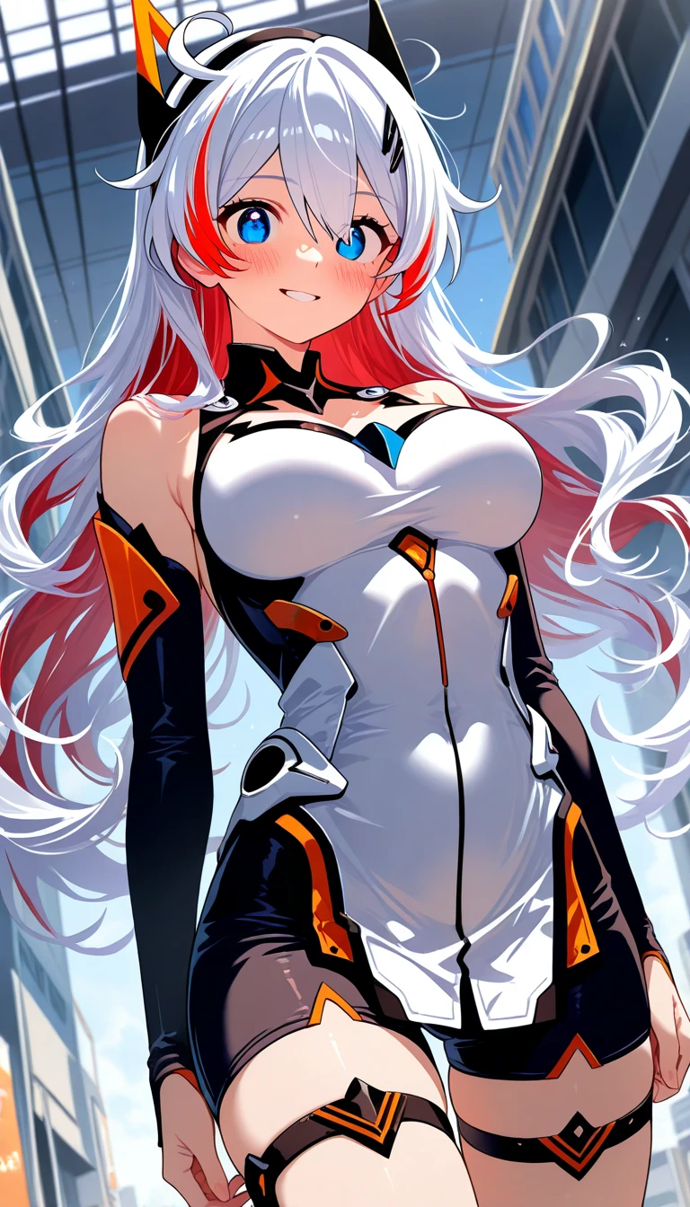 (realistic photo:1.0), (ultra-realistic:1.0), (ultra quality:1.3), High resolution, Ultra Detailed, sharp focus, (Depth-of-field:1.0), (super fine-illustration:1.0), (colorful details:0.0), detailed background,
(1girl), slim body, beautiful body, (Showing off her huge curves:0.1), (detailed shaded pretty face), skin, hair, (light pink lips: 0.7), (laugh:1.2), BREAK , (mecha suit:0.8), mecha musume, rampage, dynamic pose, (full body shot:1.2), gts, (simple light glay background:1.3),