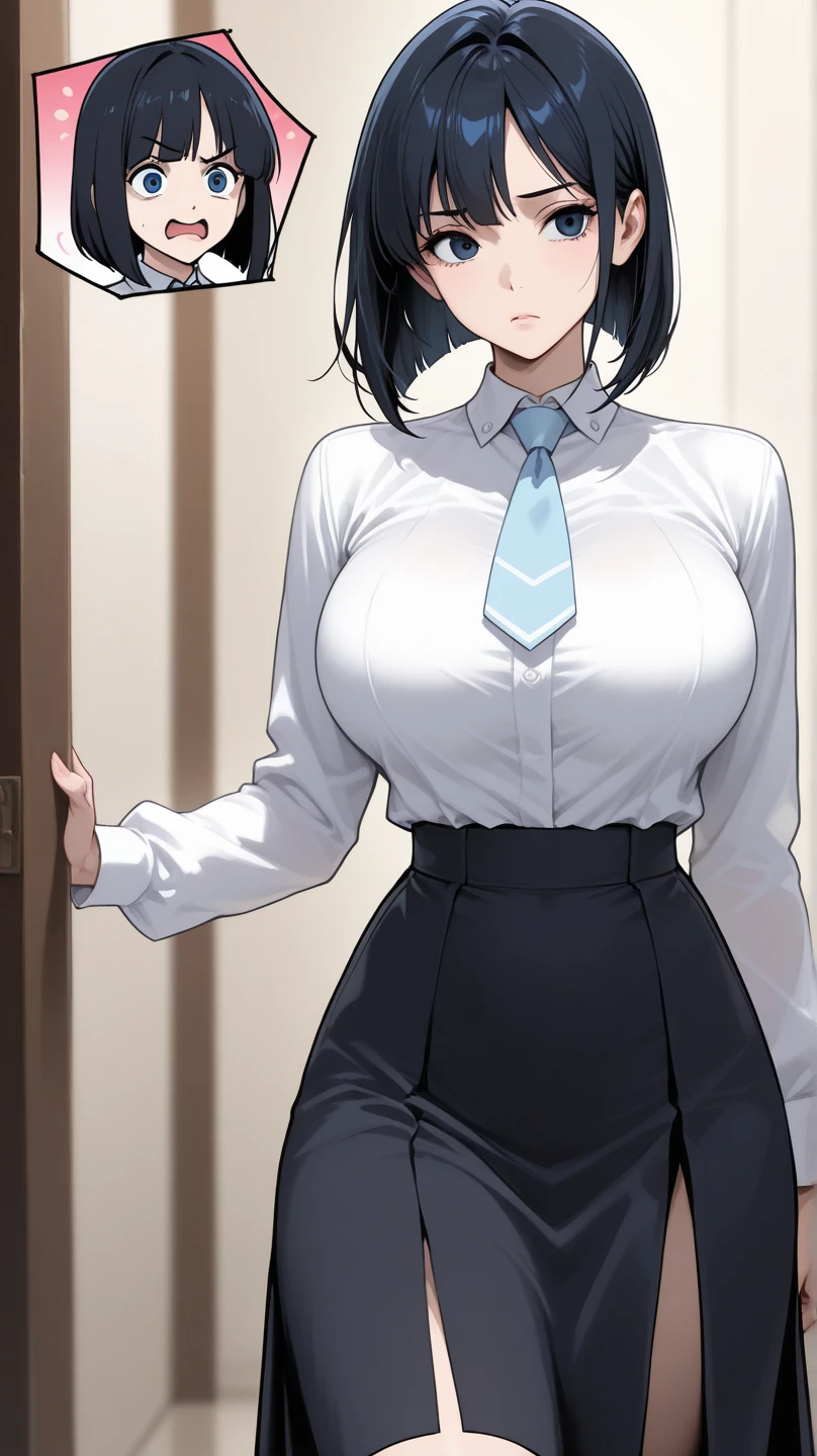  sexy body, (thick), , 1girl, standing, black hair, short hair, bangs, MAKIMA, ((white shirt)), long sleeves, necktie, stare, shy, blush, , black eyes, black necktie, hands over head, cowboy shot, huge breasts, outdoors, black pant, (MAaster piece: 1.0), (best_quality: 1.0), ultra high resolution, 4K, ultra detailed, photography, 8K, HDR,