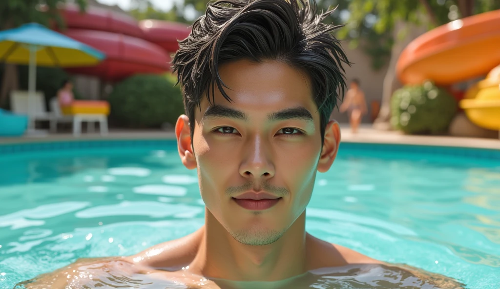 1 boy, Young male, Detailed eyes and faces, Perfect male body, face to camera, (short hair, half body inside water, Topless, bathe in water, wet hair and body),portrait, Chinese clothing, China Landscape, Outdoor, Hibiscus, Hibiscus park, color difference, Depth of field, dramatic shadow, Ray tracing, Best quality, Cinematic lighting, Extremely detailed CG, 8k wallpaper,