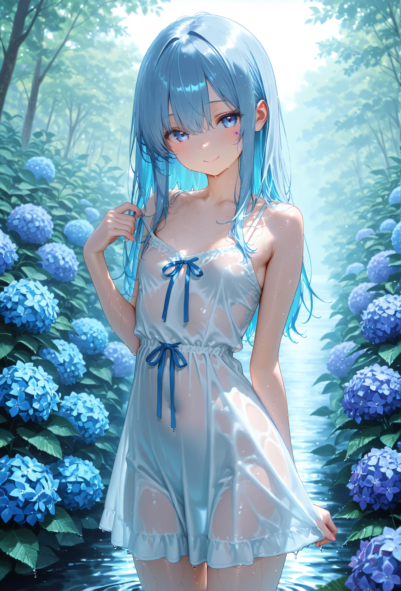 blue hair、blue eyes raid、one good looking girl、solo、and soul、plaid mini skirt、I don't wear underwear、Wet and see-through white T-shirt、Wet and see-through camisole、forest、sunlight、barefoot、tilt one&#39;s face、walk、Cross the log bridge while keeping your balance、doing ribbon、have a twig、climb the wooden stairs、shot from below、