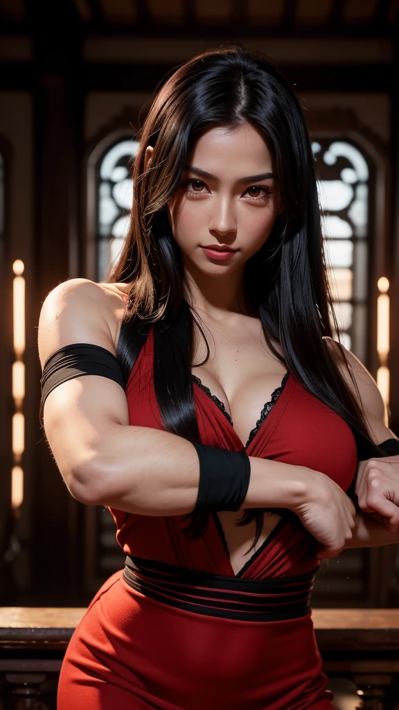 8k,Black light、Real Art、Slim and muscular macho manな女性、Super Beauty(Like the real thing)、Strong muscle beauty,Iris、Ultra high definition、One mature woman、Light brown mohawk、Mature Demon Slayer: Kimetsu no Yaiba: Kimetsu no Yaiba、Cool smile、very, very big breasts、Glowing Iris、Slim and muscular macho man、Lean and muscular lower body、Gorgeous Red Large Chest Chest Armor、Luxury black and red pants、Gorgeous red shoulder pads,Detailed light、An illustration、Dynamic Angle、Depth of written boundary、(((((())))、Combat poseをとる成熟した女性、Show me your fangs、(Super A)High resolution、Best image quality)、(8k、RAW Photos、Best image quality、masterpiece)、sense of technology、Best image quality、masterpiece、Awareness-raising、CG、Sense of unity、wallpaper、Official Art、Amazing、In detail、Very delicate and beautiful、Attention to detail、Attention to detail、Clear focus、Rich background、(Real People、image)、((High resolutionの肌))、A large flame burning red from the body(Tone flame effect)(There are many big flames)Fantasy art、Shoulder muscles abdominal muscles、Arm Muscles,Ultra-Realistic Skin、Combat pose,Look at the viewers,Big Energy,Japanese,