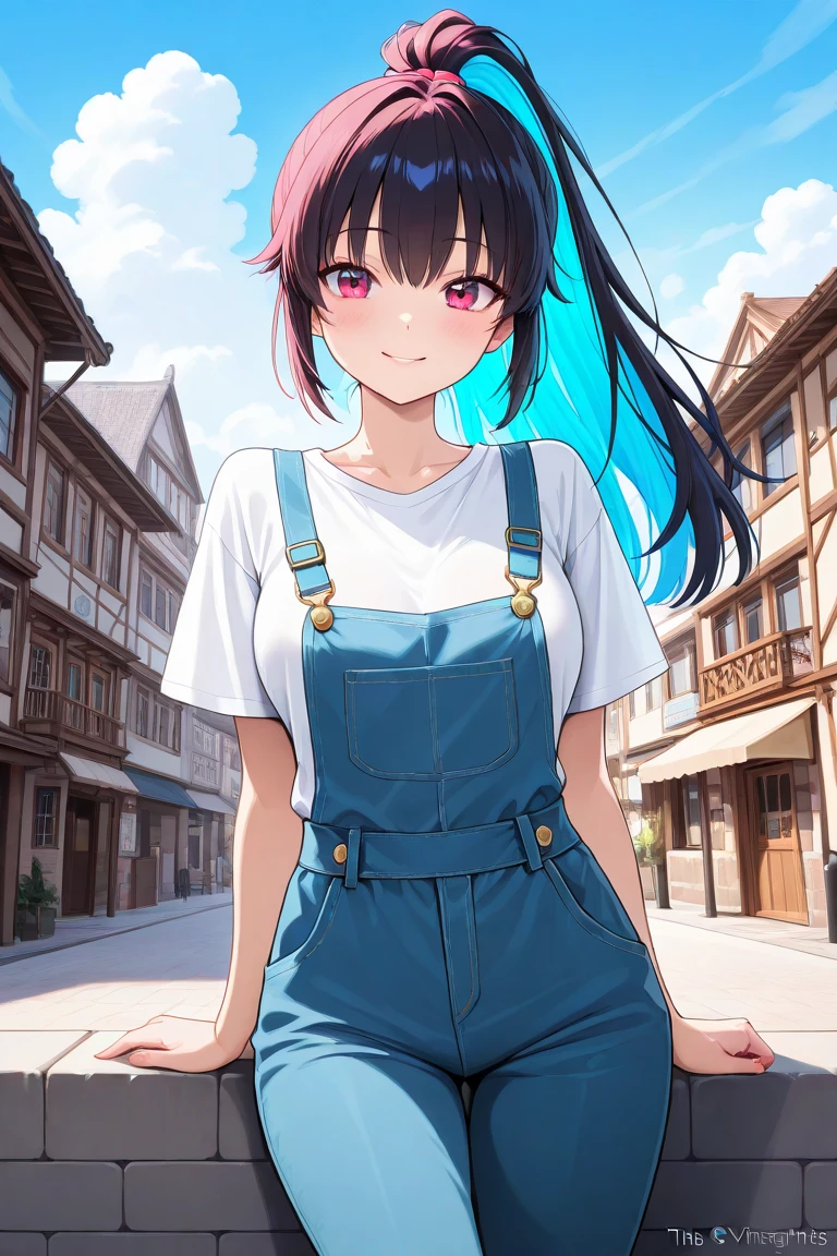 80s anime-style anime girl sitting in flower garden looking at camera, Smiling. PastelColors