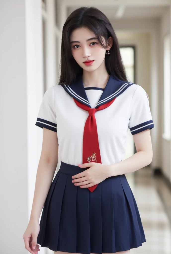 8K, Ultra-high resolution, Highest quality, masterpiece, 三分割法によるphotograph,Surreal, photograph, 1 girl, (16 years old:1.3), pretty girl, Cute face, Beautiful eyes in every detail, 細かくdetailedに,masterpiece,, One Girl:1.2, Japan Female Announcer,whole body、Black Hair、well-groomed eyebrows、Cute Lip Makeup、Calm atmosphere、A short-sleeved shiny dark sailor suit、White sailor collar、Navy blue pleated skirt、Red ribbon、White Stockings、Standing by the window of a classroom、Cute gestures、so beautiful,A carefree smile,Healing the heart,ponytail,Looking at the audience、beauty,Long neck、Laugh a little、Please close your mouth and laugh、(((Ideal body type))),A-cup small breasts :2,、Portraiture:2、Perfect Anatomy、鮮明なdetailed、detailed、Surreal、Light and shadow,Strong light