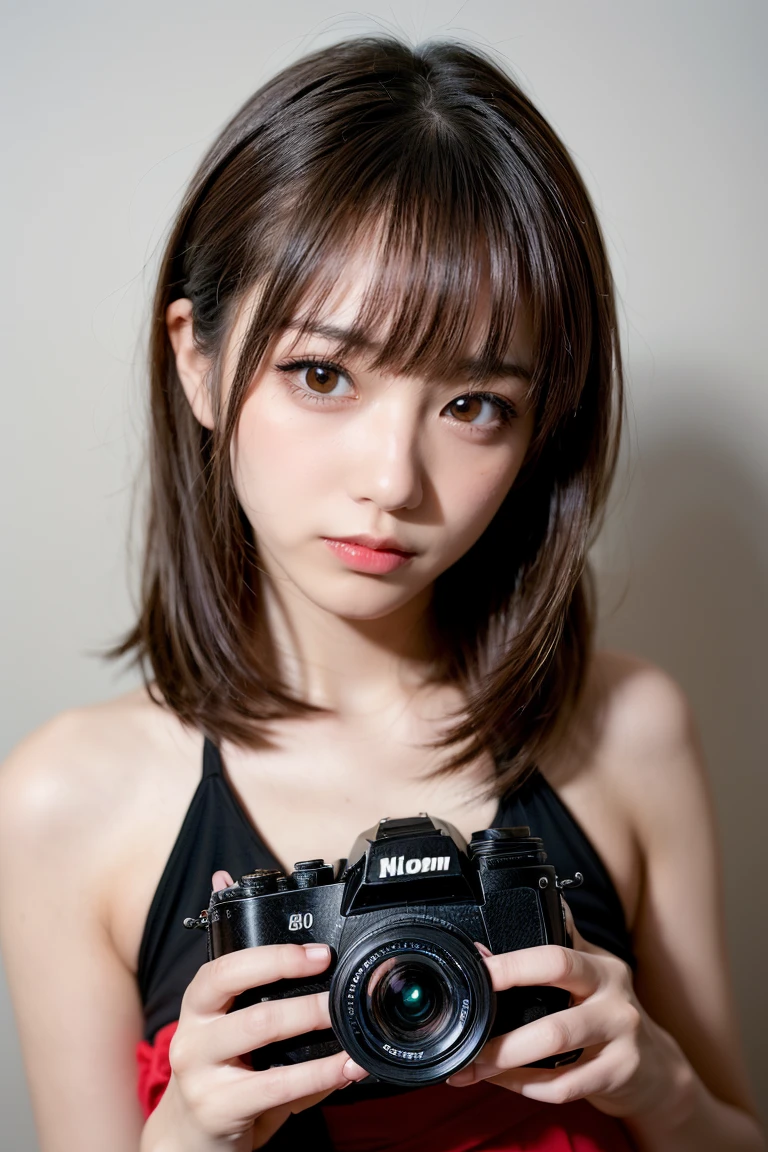 highest quality, Face focus, Soft Light, Ultra-high resolution, (Realistic:1.4), Raw photo, 1 Japanese girl, alone, cute, (pupil, There's light in your eyes), Detailed beautiful face, (),(High resolution detail of human skin texture), (Long Hair), indoor, Damask shirt dress, (Portraiture)
,SLR,camera,フィルムcamera