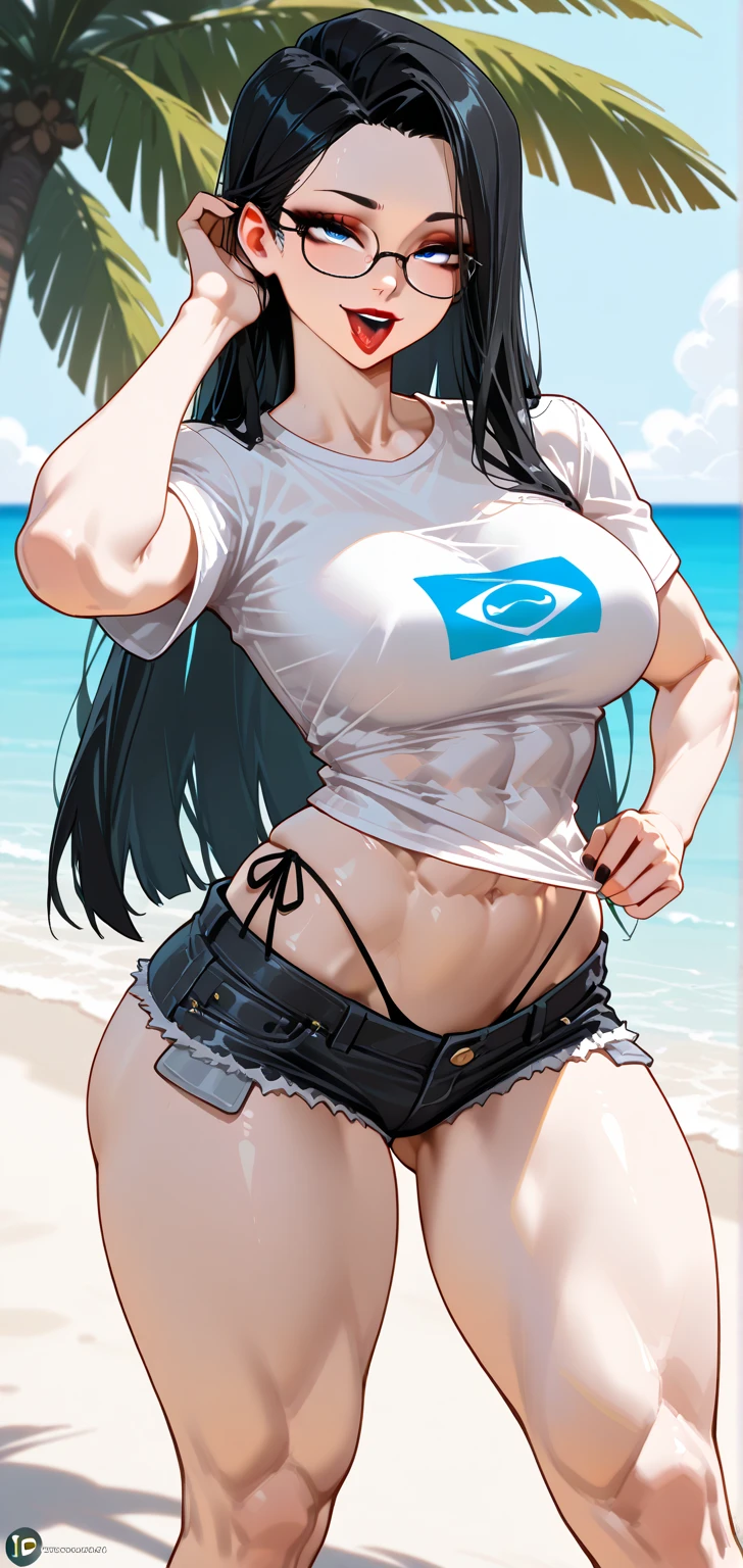 best quality, masterpiece,  <lora:Nessa_v2_by_ARandomModelMaker:0.5>, character_pokemon_nessa, <lora:hugeAssAndBoobs_anime_Satyam_SSJ10:0.4>, large breasts, abs, midriff, thick thighs, wide hips, huge ass, 
hair bun, hair ornament, [belly chain], [looking at viewer],
cowboy shot, hoop earrings, [necklace]