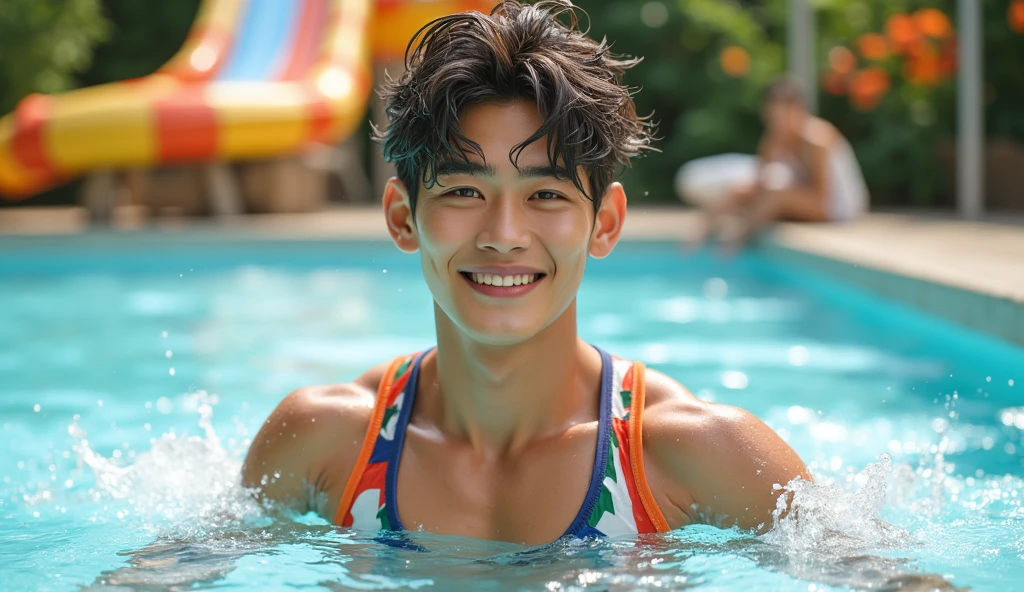 male cute Age 27 Lifesaver swimwear smiling