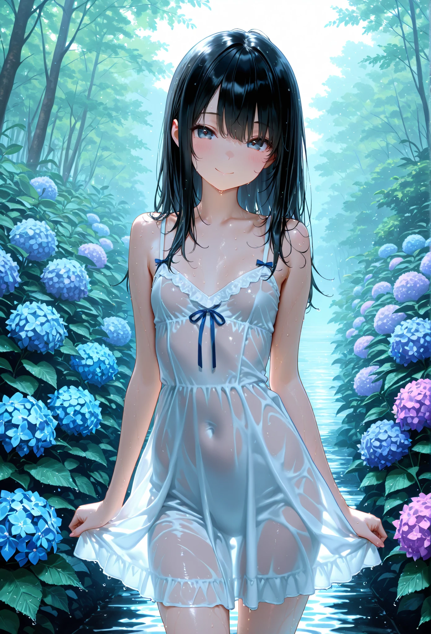 best quality,masterpiece,1girl,solo,(((NSFW))),(((9years old))),japanese girl,an extremely cute and beautiful girl,highly detailed beautiful face and eyes,petit,cute face,lovely face,baby face,shy smile,show teeth,black hair,medium long hair,Hairless pussy,flat chest,skinny,slender,(((wearing a wet transparent white mini lolita dress))),(((sitting in a flower garden))),she is looking at the viewer,her hands fingering herself,open her legs,pull off her clothes,(undress:1.1),(no panties:1.1),(Spread legs:1.1),(no bra:1.1), from the front