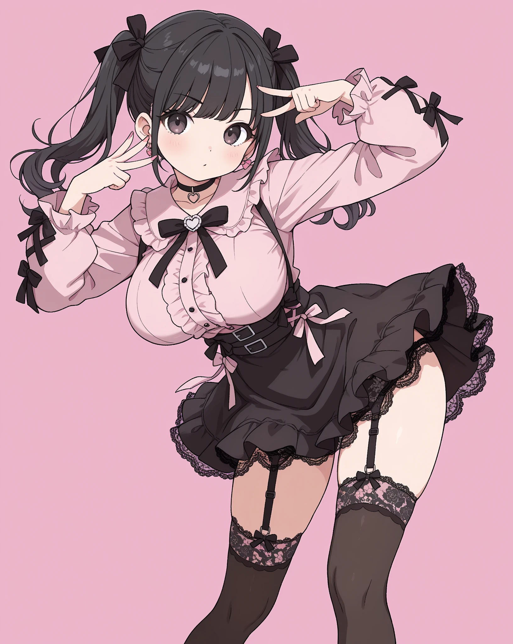SFW, score_9,score_8_up,score_7_up,score_6_up,score_5_up,source_explicit,source_anime, show accurate, best quality, masterpiece, (watercolor \(medium\):1.2), (graphite \(medium\):0.8), (dreamy watercolor:1.1),
1girl, solo, cute girl, kawaii, black long hair, twintails, blunt bangs, pink ribbon, black hair, purple eyes, long eyelashes, red eyeliner,
large breasts,
jirai kei, jewelry, earrings, black footwear, pink shirt, frills, black skirt, miniskirt, black thighhighs, zettai ryouiki, garter straps, sleeveless,
mesugaki smile, smug,
cowboy shot, hand on hip,
looking at viewer, (isolated on white background, simple background:1.2),