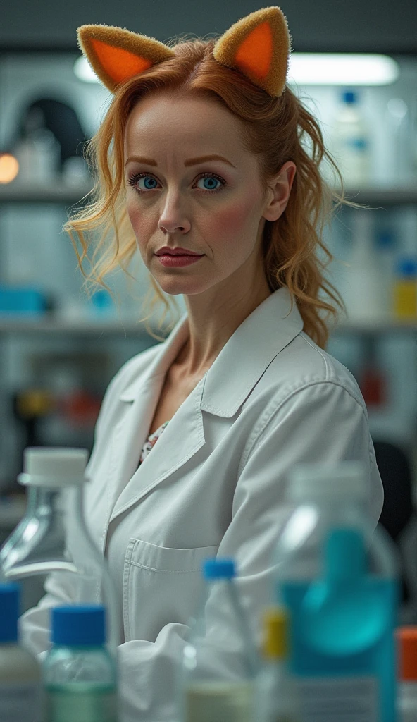 Realistic photography of a stunning modern woman pretty beautiful gorgeous blonde hair 30 yo Monica Bellucci wearing v neck red blouse as Research Scientist sitting on her working desk full of chemical thing inside biochemical research lab of pharmaceuticals and genetic engineering, curvaceous, wearing earrings necklace and bracelets,hourglass body,by Ana Dias, Hajime Sorayama and Helmut Newton.