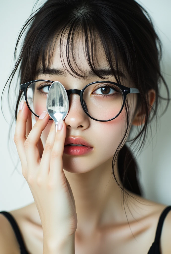 (highest quality、Tabletop、8k、Best image quality、Award-winning works)、One woman、(Close-up of face:1.3)、(nude:1.2)、(Pure white background:1.3)、Black Hair、(Semen-covered glasses:1.1)、(Semen-covered face:1.3)