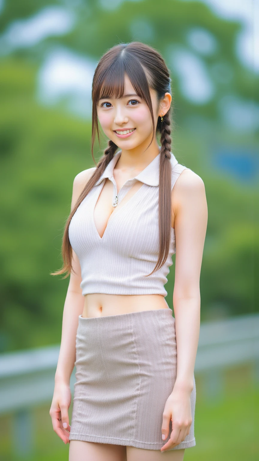 best quality, ultra high res, (photorealistic:1.4), <lora:liuyouqi:0.6>, 1girl, underwear, (smile:0.4), pigtail, brown hair, bangs, busy street, cowboy shot, upper body,