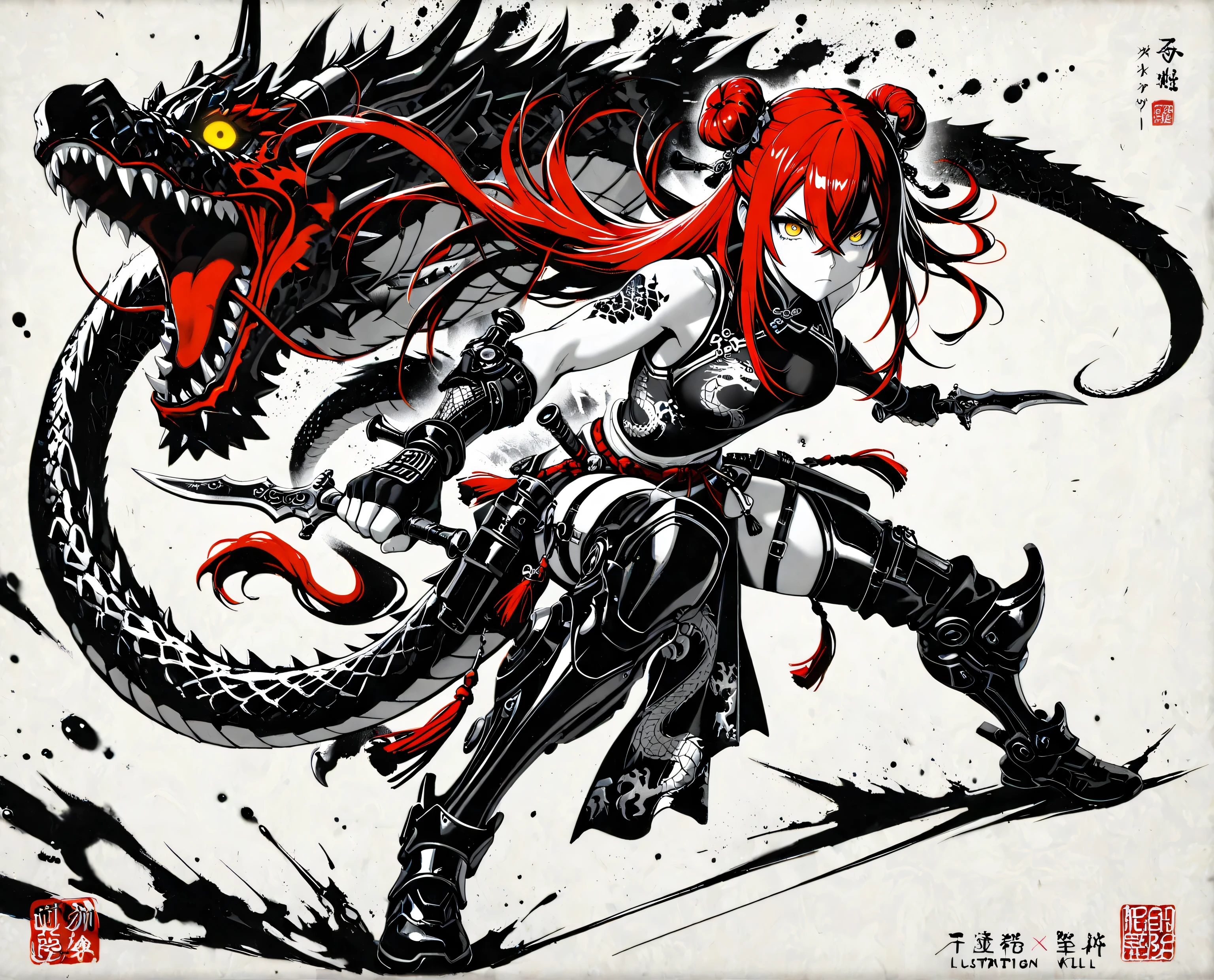 (Masterpiece), (best quality), (expressive eyes), (perfect face), (8k), (extreme detail), (illustration), (absurdres), (highres), (ultra detailed),1 girl , golden eyes , very long hair , long sidelocks, red hair , petite , very cute , beautiful ,Straight hair, cool, handsome, hair between eyes, mediumlarge breast, fused with dragon, dragon motif, double bun, crossed bangs, tassels, (red/black scales), (scaly exoskeleton), (dragon print), (dragon tail), (triad member), (Chinese assassin), (cute little killer), (trained to kill), (serious), (action pose), (holding two dagger), (poison-tipped dagger), (red poison), (red venom), Dark color, greyscale, ink \(medium\)