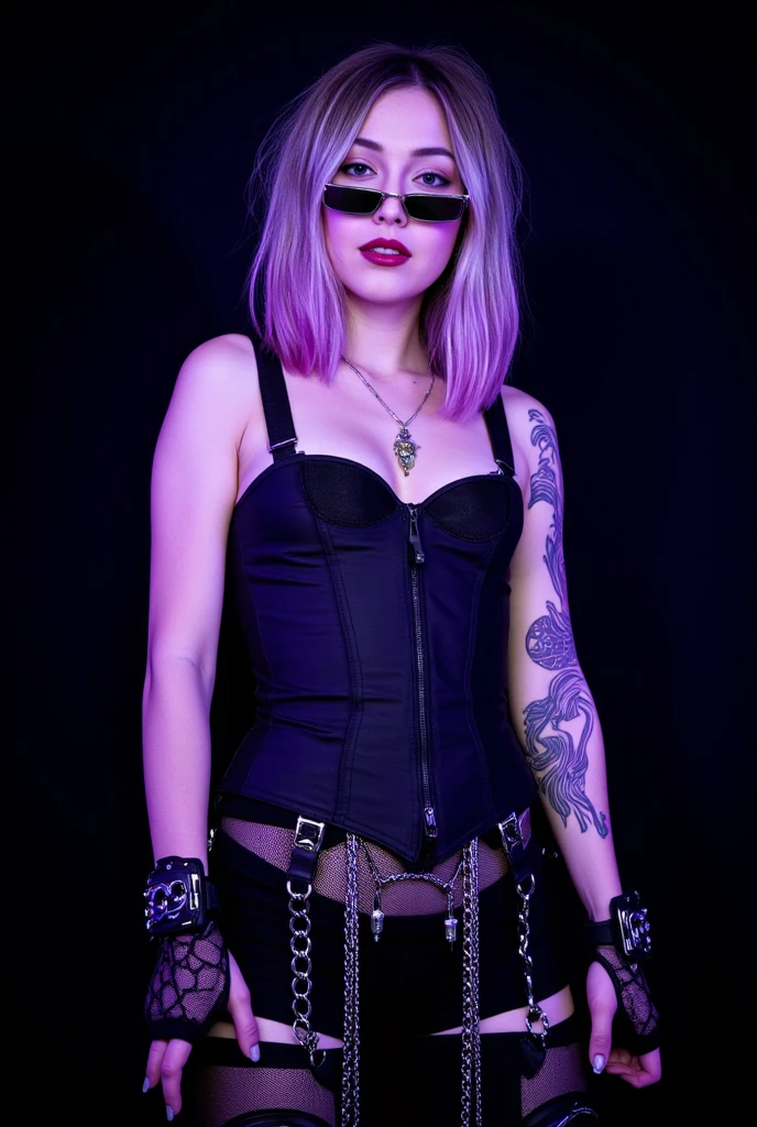 there is a woman wearing a black bralet and a black belt, garters, garter belt, harnesses and garters, gothic harts, wearing gothic accessories, wearing studded leather, goth aesthetic, choker, spiked wristbands, gothic aesthetic, spikes on the body, harness, wrapped in leather straps, straps, goth, goth girl aesthetic, gotic harts, long light blue hair with bangs