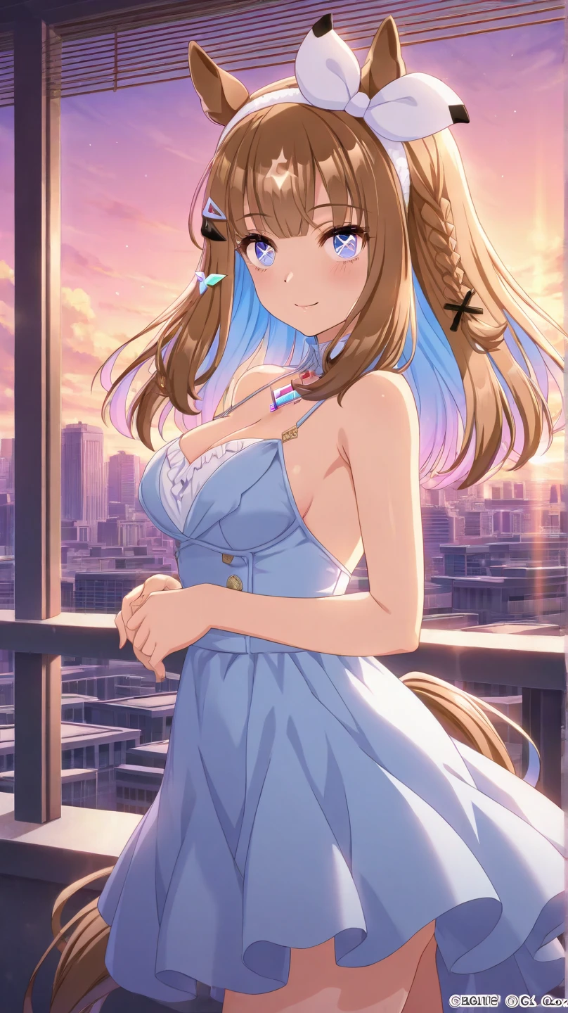 ((masterpiece,best quality)), ((((solo)))) highres, extremely detailed 8K wallpaper, depth_of_field, cowboy shot, solo, 1girl, saeki sayaka yagatekimininaru, long hair, (honey color hair), blue eyes, bow, big breasts, wide hips, thights, dirty ally, blue dress, baggy eyes, dark blonde hair, disgusted expression, shadows under her eyes, baggy eyes, stars, from above, night, dark, undressing panties