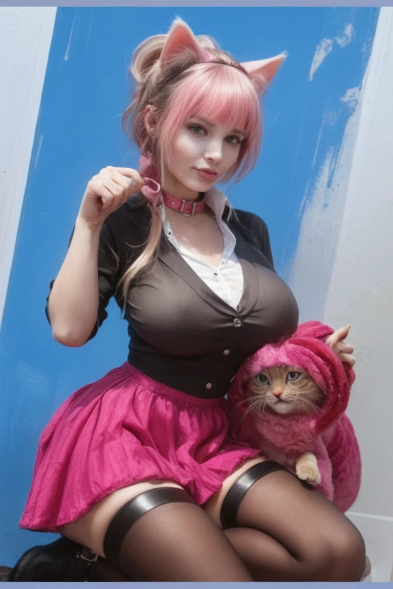 naked pretty girl with pink hair and cat ears