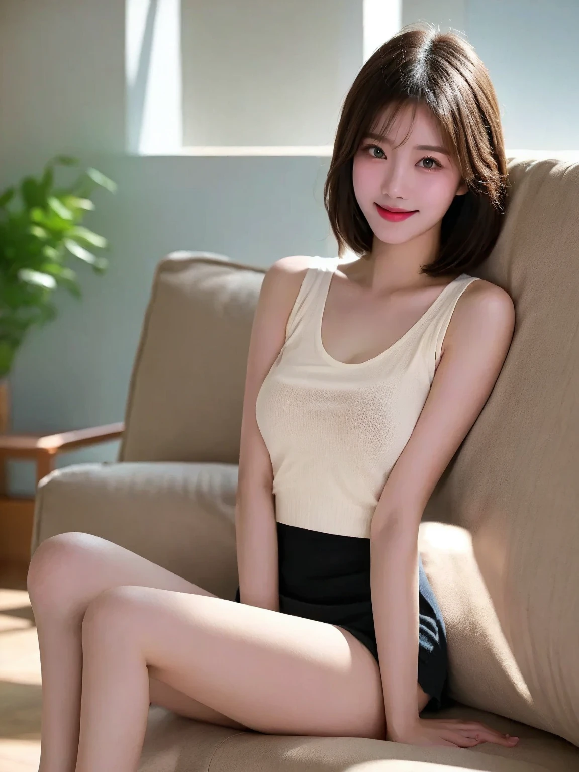 masterpiece, realistic, photorealistic, best quality, beautiful detailed, natural lighting, sharp focus, depth of field, slim body, abs:1.2, small breasts, best quality real texture skin, Detailed beautiful delicate face and eyes, in a living room, beautiful detailed japanese girl, (solo), 20 years old, (above the knee:1.2), (((searching the Internet on a MacBook at the dining table))), (Sitting in a chair), eyes open, looking at viewer, best quality real texture skin, Detailed beautiful delicate face and eyes, double eyelid, smile:1.2, white teeth:1.2, short straight brown hair:1.2, bob cut:1.2, tank top:1.2, mini skirt:1.2,