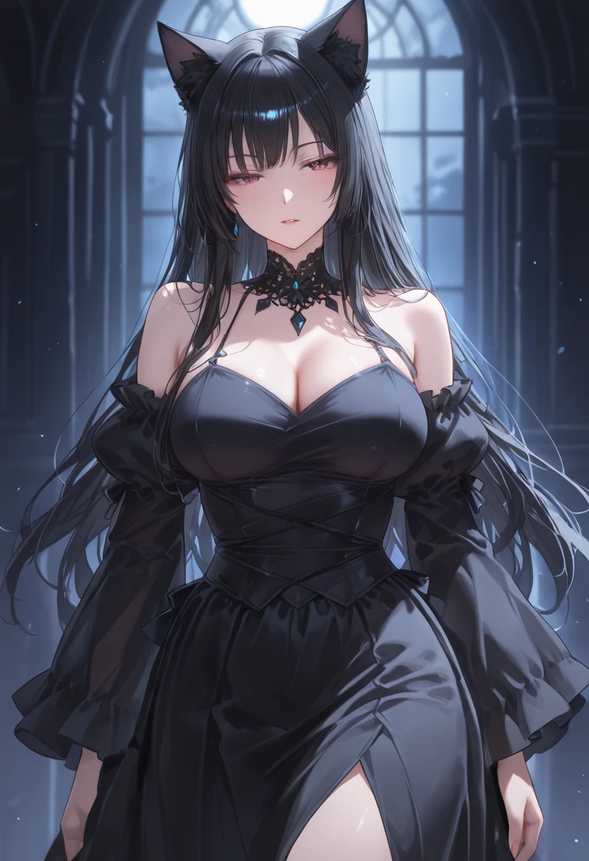 ((Highest quality)), Ultra-high resolution,Adult women, alone, sexy, (Tired face), (Light purple eyes), Beautiful face in every detail,(High resolution detail of human skin texture), (Black irregular long hair), Black lace dress,Black long skirt,Realistic:1.4,Realistic:1.4,Dark room,((masterpiece)),Perfect Eyes,Perfect Eyes,(Sleep-deprived face),Curvy Body,Black eyeliner under the eyes,Peering into the audience,Pale, unhealthy skin,Indoors at night