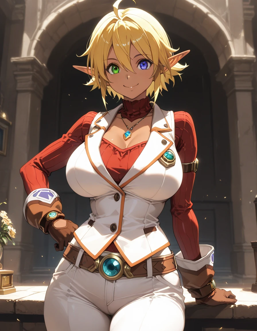 highly resolution, sharp-focus, pixiv's masterpiece, ((with intricate details)), higly detailed, pointy ear, Heterochromia, 独奏, HAIR LOIRO, gloves, smile on face, Green eyes, Blue Eye, Ahoge, looking the viewer, 1girls, short hairs, Red shirt, vests, Long sleeve, Brown gloves, elvish, Dark skinned, full full body, a women,White pants、Giant tits、The background is a large tomb、
