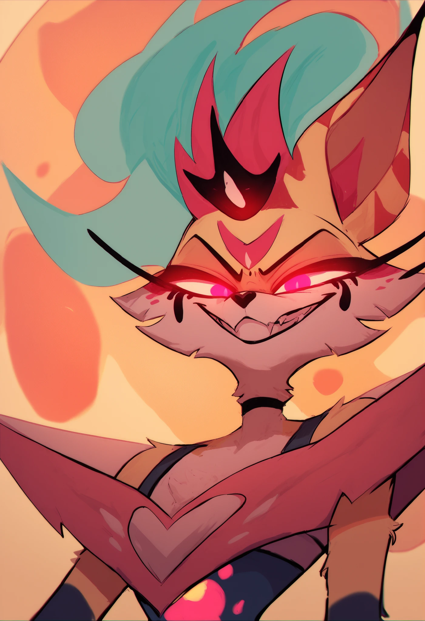 queen beelzebub, queen beelzebub demonform, canine, demon, yellow fur, multicolor fur, liquid hair, translucent hair, olo girl, antropormifc, fur, glowing eyes, demonic eyes, smiling