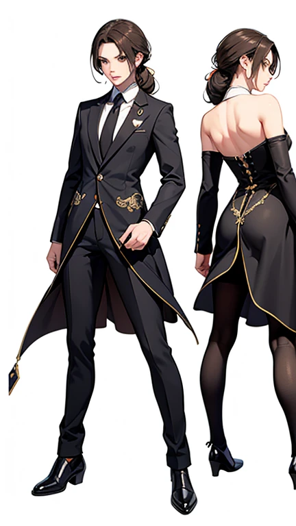 Anime style illustration of man and woman wearing formal clothes, Dress up in dreamy formal attire, Fashion Design, whole body;, whole body xianxia, Very detailed and rich costumes, Moon themed clothing, fantasy costumes, clear Fashion Design, White and black clothing, White and black, Style Games Square Enix, Diverse clothing, intertwined whole body view