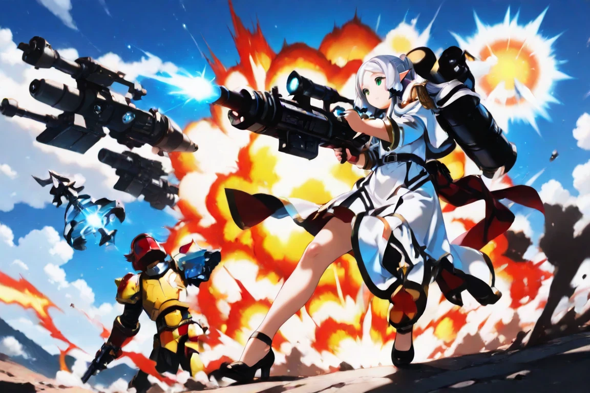 Anime girl , bikini armor, blurry background, white background, dynamic pose, combat pose,
