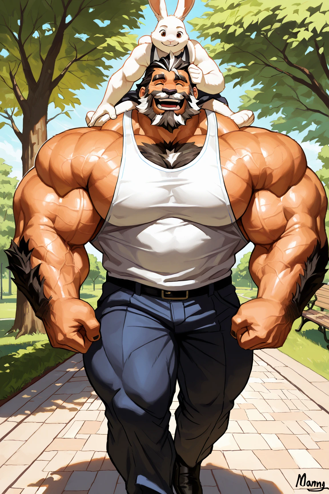 Big Boar Bodybuilder, wearing tank top, portrait, wide shoulders, flexing towards the camera, angry look, mountains background