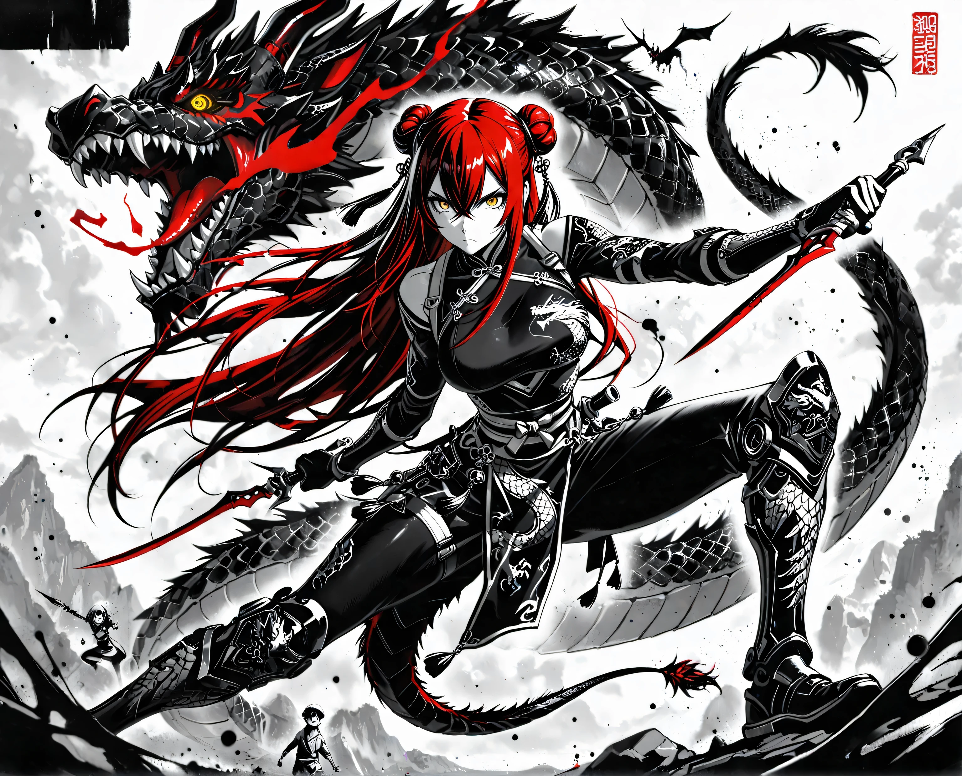 (Masterpiece), (best quality), (expressive eyes), (perfect face), (8k), (extreme detail), (illustration), (absurdres), (highres), (ultra detailed),1 girl , golden eyes , very long hair , long sidelocks, red hair , petite , very cute , beautiful ,Straight hair, cool, handsome, hair between eyes, mediumlarge breast, fused with dragon, dragon motif,  double bun, crossed bangs, tassels, (red/black scales), (scaly exoskeleton), (dragon print), (dragon tail), (triad member), (Chinese assassin), (cute little killer), (trained to kill), (serious), (action pose), (holding two dagger), (poison-tipped dagger), (red poison), (red venom),   Dark color, greyscale, ink \(medium\)