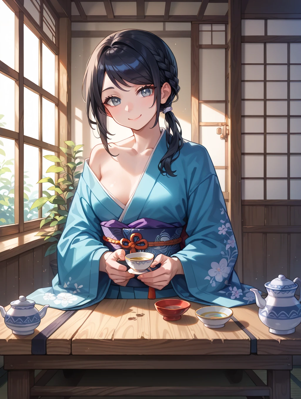 ((masterpiece,highest quality)), blue eyes,slanted eyes,super dense skin,,thin and beautiful eyes,highlight,brown hair, Life,look away,Hilarious,polish,breast enhancement,smile,blouse,Mother,middle chest,You can see the kitchen,shining eyes