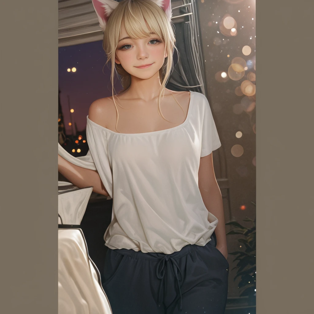 1girl, solo, bedroom, sitting, on bed, smile, blush, fubukirelax, sidelocks, black t-shirt, off-shoulder, black hairband, ahoge, fox tail  <lora:fubuki:0.75> <lora:epi_noiseoffset2:1.0>, <lora:add_detail:.4> beautiful, masterpiece