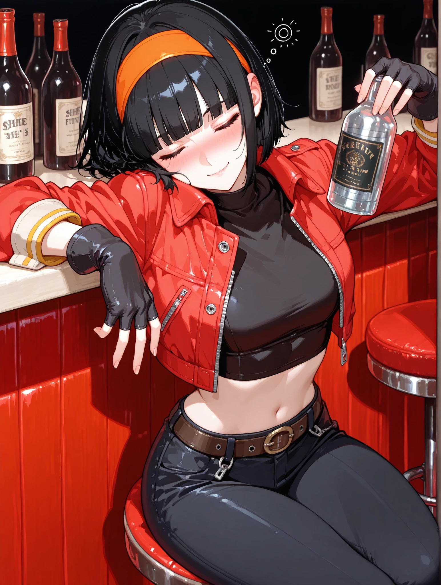 One girl、masterpiece、top quality、32k、masterpiece、full five fingers, short hair, bangs, black hair, gloves, navel, jacket, hairband, open clothes, black gloves, midriff, belt, pants, blunt bangs, black eyes, crop top, black shirt, red jacket, cropped jacket, orange hairband,face up,with a soft smile face ,she is sitting a bar stool,background is her room,she is drunk,turning red in her face,she is sleeping face down on her bed