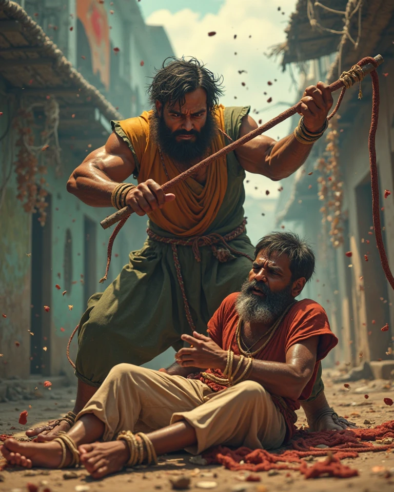 Two brothers living in India, out of which the elder brother, who is 30 years old, beats his younger brother, who is 25 years old wearing indian traditional clothes fighting in serious mood in which elder brother is in angry mood
