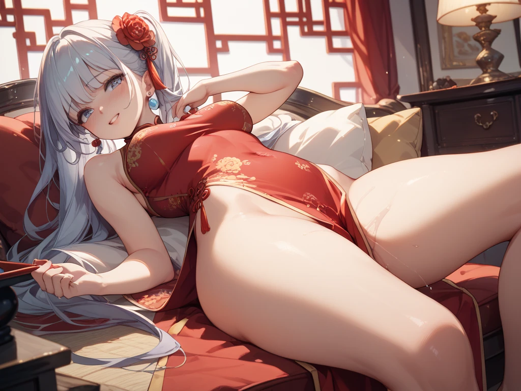 8K，ultraclear，one-girl，Wearing a vest and long red cheongsam，Wearing a vest and long red cheongsam，Wearing a vest and long red cheongsam，Imperial sister，Around 18 years old，黑The eye，Colossal tits，Tight，Face optimization，Open the thighs，Look at the face，ssee-through，a ball head，Support chest with elbows，china idol，Side shot，nail art，five finger，Standard stature，8K，raised head，Panty shooting，Have side boobs，The face is red，Full Body Sweat，Look at the armpits，Look at the armpits，，when you see your armpits, you can see your side breast，duck sitting,Wear cloth shoes，five finger，two hands，Lie down in bed