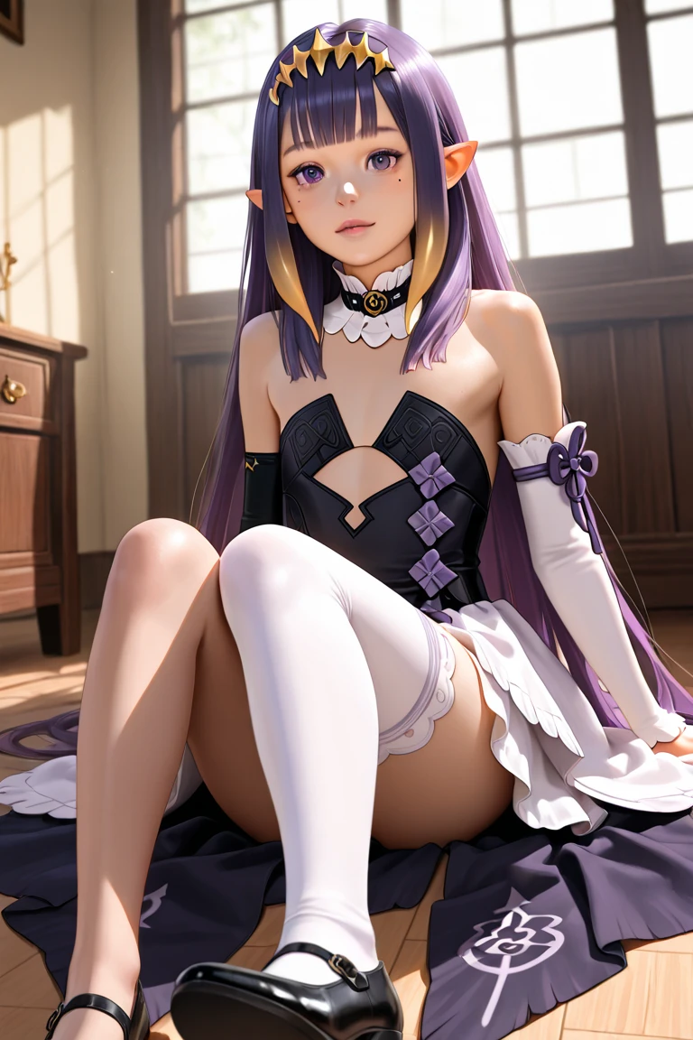 High quality, masterpiece, ultra-detailed, highly detailed outfit, choker, little bows, frills, solo, loli girl, long light purple hair, garter belt, garter straps, shiny skin, small breasts, naked breasts, nipples, peaceful expression, enchanting green eyes, many balloons, sitting on bed