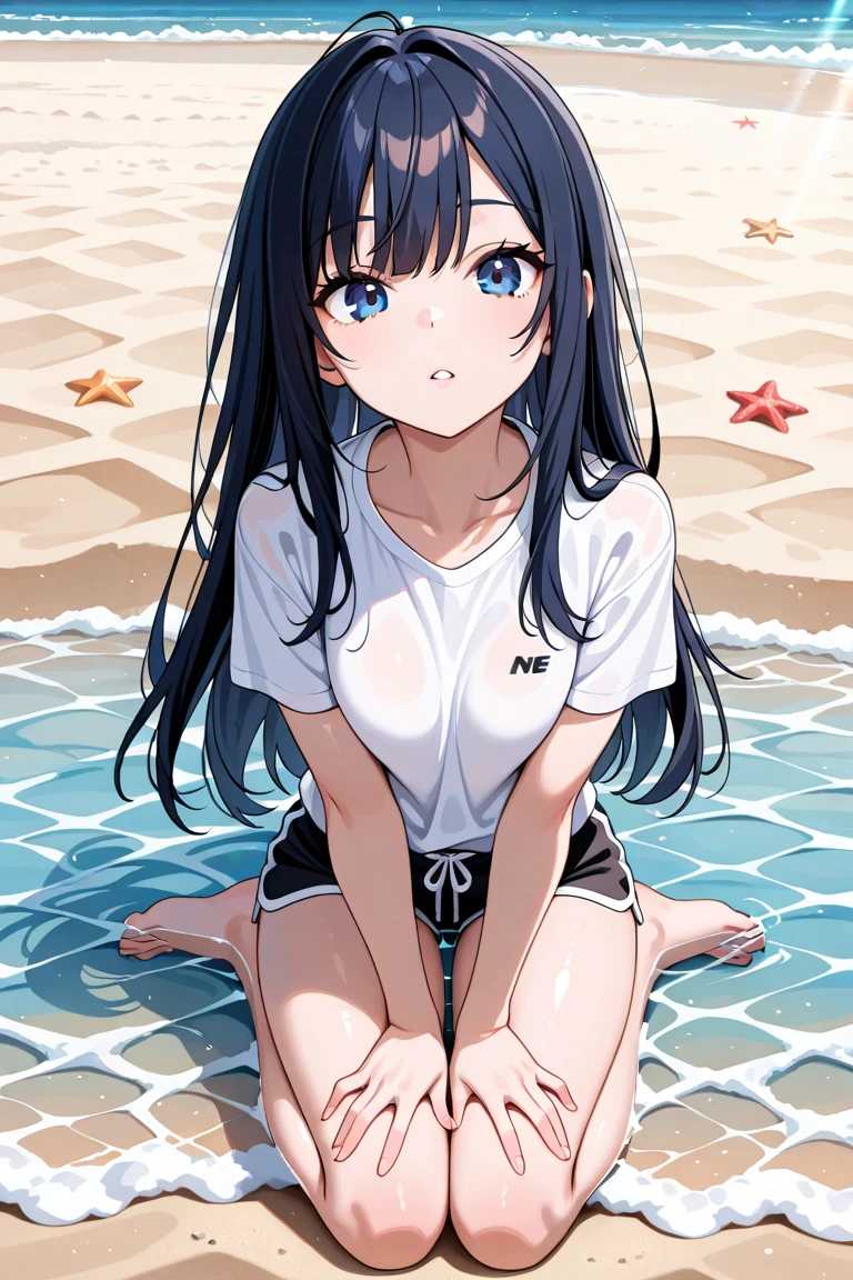 ((highest quality, High resolution, perfect pixel, written boundary depth, 4k)), 1 girl, beautiful anime girl,
close, looking at the viewer,
perfect body,
yukinoshita yukino, dark hair, small breast,
(white Tシャツ), (wet hair, wet body:1.1),
(blush, shy:1.3),
beach, hands between legs, wave,
wariza, from above, focus breast,