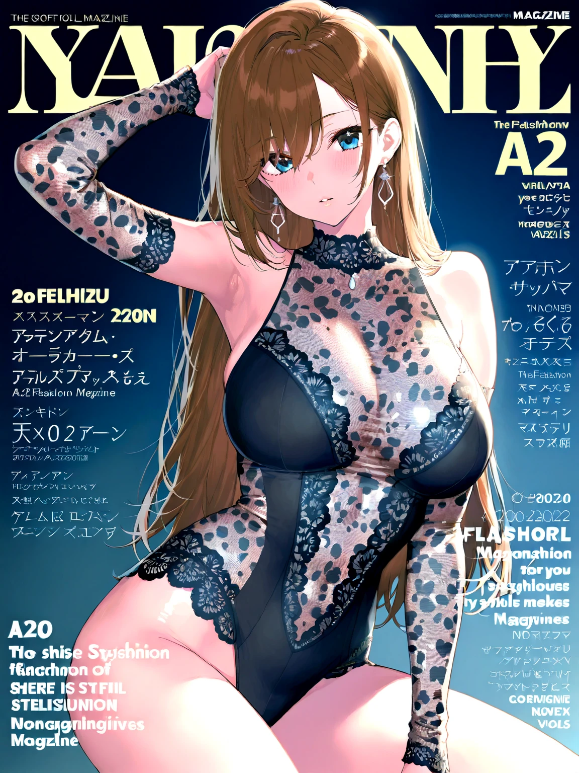 magazine cover, mature redhead, lingerie, sexy pose, big breasts, smile
