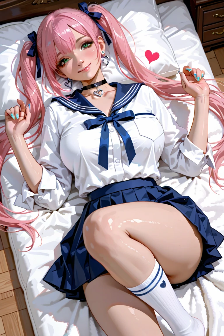 top quality,8K,one girl,Sangonomiya,despise,half-closed eyes,blush,open mouth,shoulder,Thin face,face focus,face to the viewer,lying down,Lie flat on the bed,Aerial Photography,Full body like,(long and beautiful leg:1.5),Clear face,Exquisite facial features,sexy,a sailor suit that is extremely short in length,Super short skirt with V-line visible,white half pantyhose,mini skirt