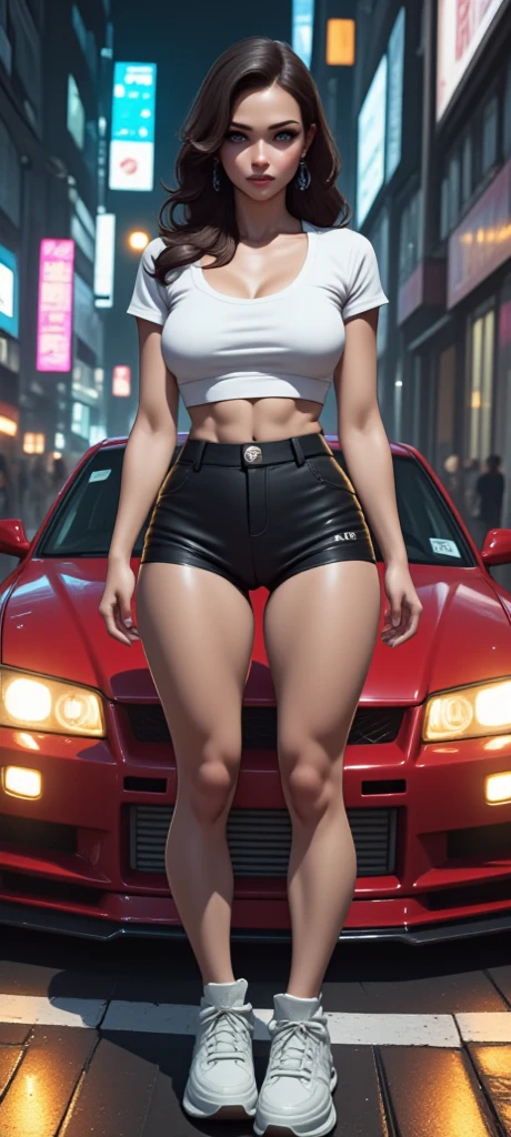 (masterpiece, highest quality, ultra high res, ultra detailed:1.3), 1 cute girl, ideal ratio body proportions, red eyes, (blue hair:1.2), high ponytail, unruly hair, military suit, short sleeves, military short pants, military boots, bare shoulders, bare arms, bare legs, open finger gloves, dog tag, earrings, full moon, night time, clothes covered nipples,
