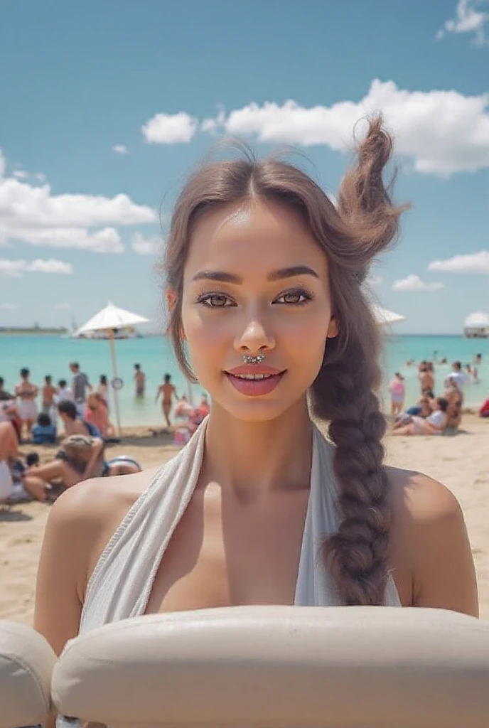 arafed woman taking a selfie on the beach with a palm tree in the background, big breasts, hair two long braids, girl with dark complection, woman with braided brown hair, two long braids, double very long braids, long braided hair, dark brown braids and brown eyes, double long braids, long braided hair on top of head, selfie of a young woman