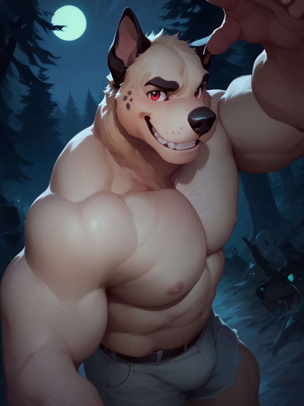 By Ruan Jia, by taran fiddler, by ross tran, male anthro bear mid transformation, solo, masterpiece, best art, black boxers, detailed hands, forest, shocked expression, night, moon, looking at hands, muscular, body hair, snout, partially human