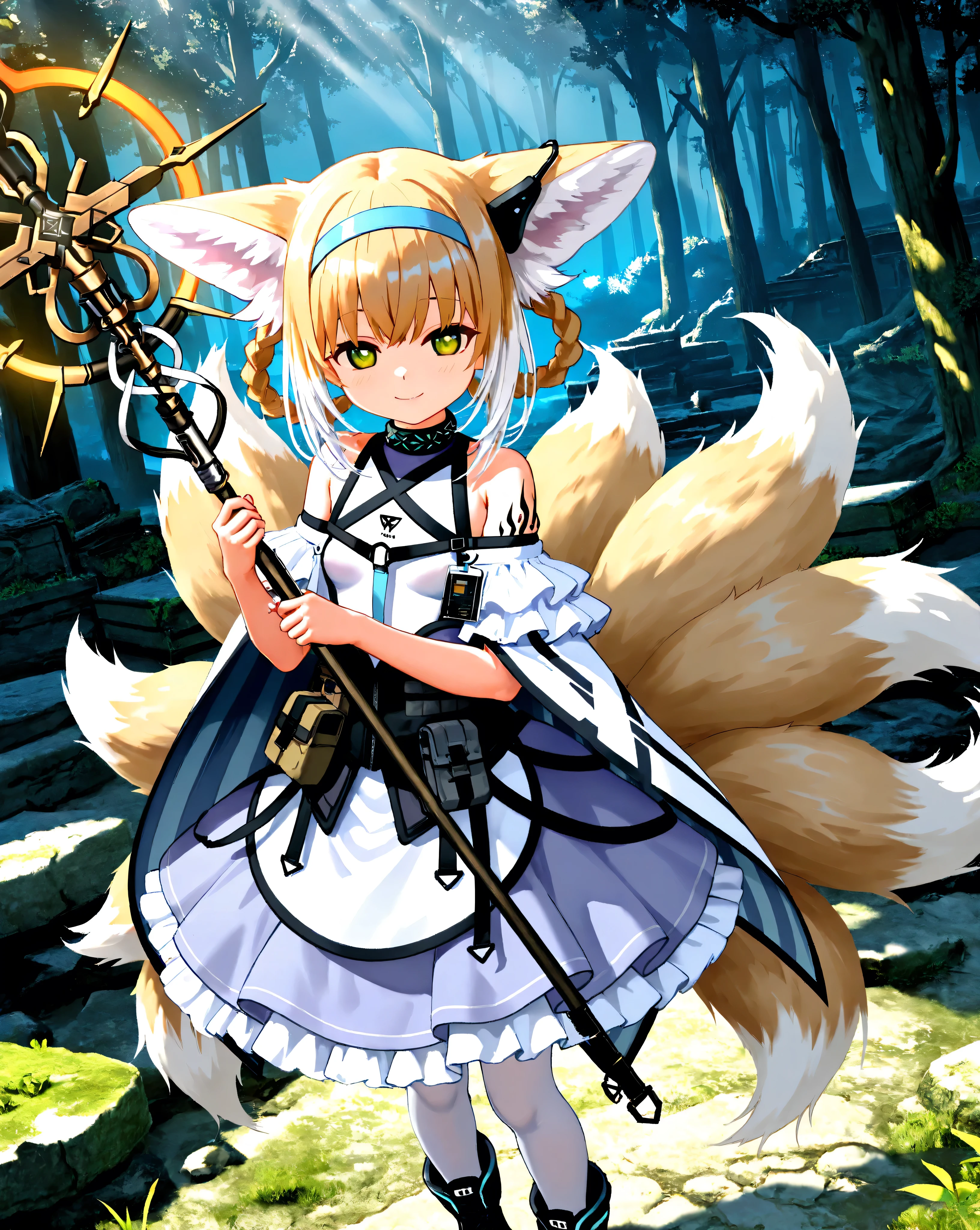 Quality: Score_9, masterpiece, ultra-detailed, ultra-quality, super-resolution, detailed-background,
Art style:(2.5D):1.5, (realistic lighting):1.3, (realistic texture):1.2, cinematic lighting, volumetric lighting, dramatic angle, vibrant pastel color palette, pastel style, rim lighting,digital painting,(3D render):1.0, (octane render):1.0, (physically based rendering):1.0, 
Subject: (suzuran arknights):1.6, 1girl, (upper body), (standing pose):1.1, (seductive smile):1.3, (peaceful expression):1.2, (golden eyes):1.4, vivid eyes like being sucked in, delicate and moisturized lips, (pale blonde hair):1.5, (short bob with side ponytail):1.4, silky smooth texture, flowing like it flutters in the wind, natural shading and highlights, (fluffy fox ears):1.2, (nine fox tails):1.2, (holding a ceremonial staff):1.3, (glowing staff tip):1.2, Natural and graceful hand pose, hand based on realistic human body structure, Transparent fingertips like being sucked in, Clearly defined joints, Detailed expression of the fingers:1.2, detailed-skin-texture,
Clothing: (suzuran's outfit):1.7, (white and light blue layered dress):1.5, (wide sleeves):1.4, (ornate collar):1.3, (ribbons and bows):1.2, (frills):1.1, (delicate patterns):1.1, (white tights):1.0, (black boots with white accents):1.0, (blue headband):1.3, (glowing accessories):1.0, (cross necklace):0.9,
Background: (peaceful meadow):1.2, (serene forest):1.1, (soft sunlight):1.3, (glowing orbs of light):1.2, (fantasy setting):1.1, (tranquil atmosphere):1.1, (ancient ruins):0.9, (misty forest):0.8, (subtle glow):1.0,