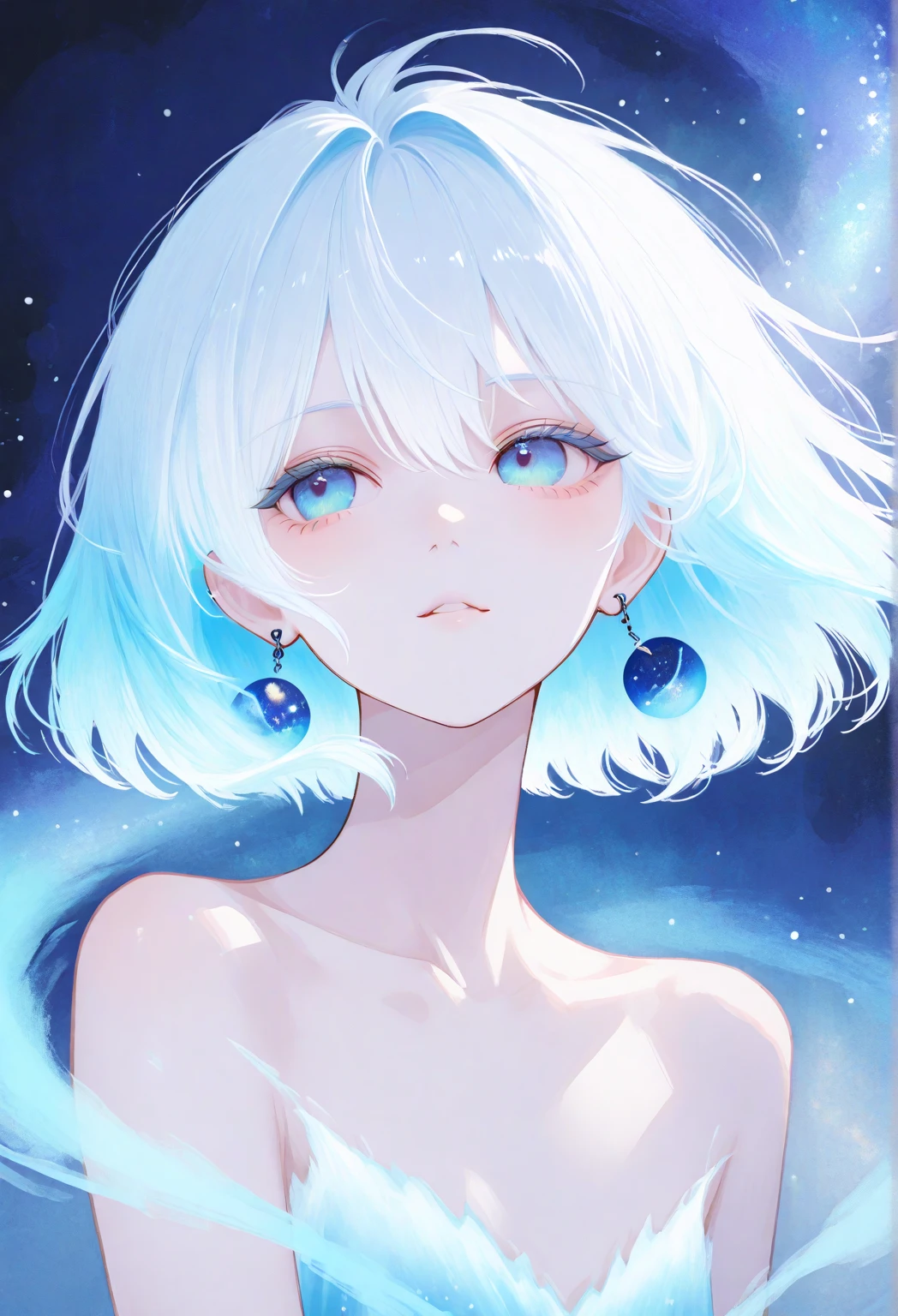 ((best quality)), ((masterpiece)), (detailed), perfect face. Asian girl. White hair. Blue eyes. Topless. Small breast. Bottomless.