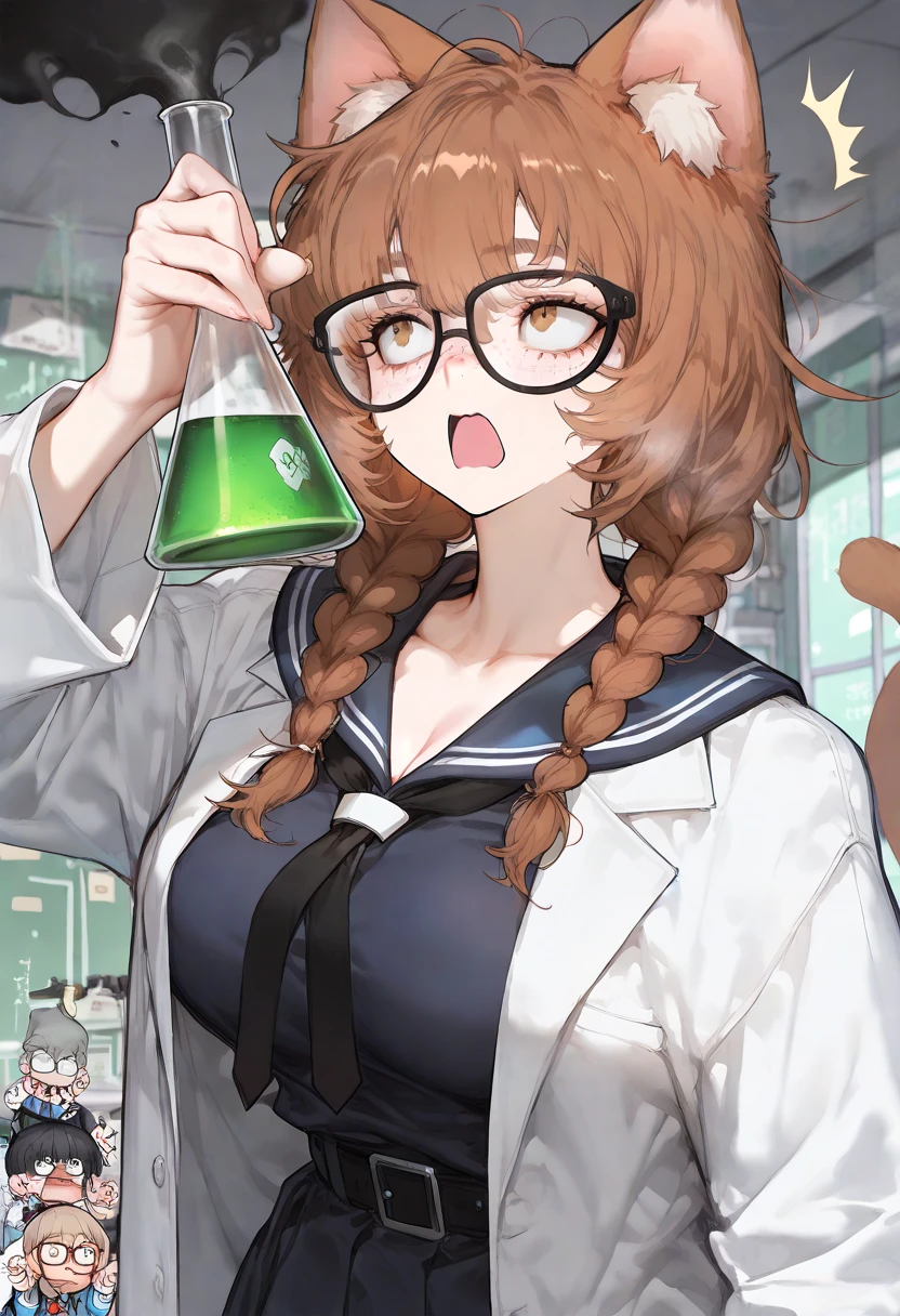 (masterpiece),(Highest quality),High resolution,(Very delicate and beautiful),(Very detailed), alone, Agent Tachyon \(umamusume\) Wearing an earring in one ear, Sleeves longer than the wrist, Collared shirt, Yellow sweater vest, Black Short Tie, Black pantyhose under a white open lab coat and vest with zipper. She is in a dark lab. She is sitting on a chair and holding a small bottle. Close your mouth and laugh softly, View your viewers,Do the splits,パイパンPussy,pussy,Pussy,Crotch,spreading regs