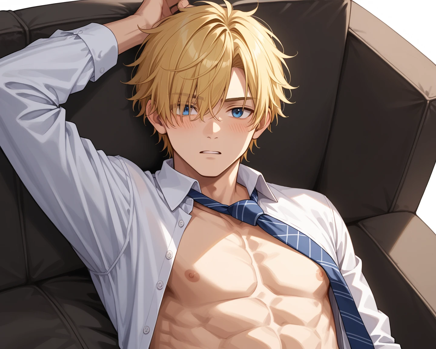 (1 Adult male),A high resolution, Sharp focus, Pixiv masterpiece, ((Complicated details)), highly detailed, natsuki_subaru, 1 man, with her mouth open,drools,full bodyesbian, Golden eyes(eyes glowing), blond hairbl,white shirt,tiese,thongs,cloaks,Drenched,soaking wet,perspire,look from down