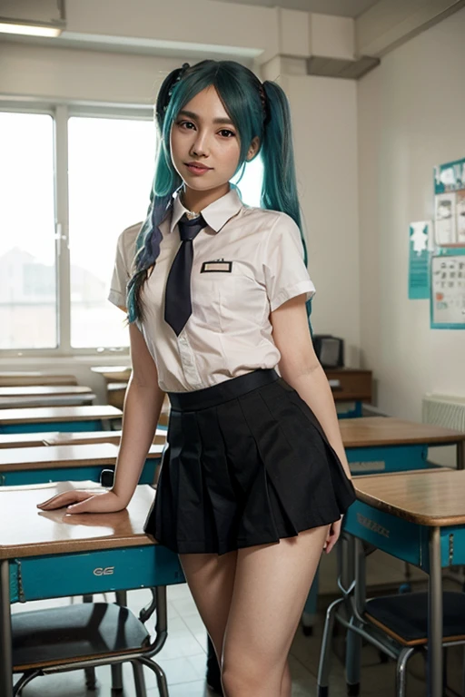 (blue hair:1.4), short hair, realistic green eyes, cobalt hair, long bob hair, tousled hair, shoulder length hair, Full body, woman with white skin and Asian features, 24 year old, big breast. She has a small, elegant nose with a slight upward curve at the tip. Her lips are full and naturally pink, with a well-defined Cupid's bow. Her teeth are straight and white, enhancing her captivating smile. Her face has an oval shape with high cheekbones that add to her model-like appearance. (crack), detailed (texture!, shine, color!!, flaws: 1.1), highly detailed glowing eyes, (looking at camera), specular light, dslr, extreme quality, crystal clear, cute face, detailed skin pores, oil Dark skin, brown, complex eye details, she is far from the camera, A full-body portrait, captured from a distance. Dynamic Frame, 8K, arafed asian woman, bending on teacher desk, miniskirt, sexy uniform, in a posing in front of a blackboard, a hyperrealistic , hyperrealistic , cyber school girl, realistic , dressed as , , cute, blouse, short hair,