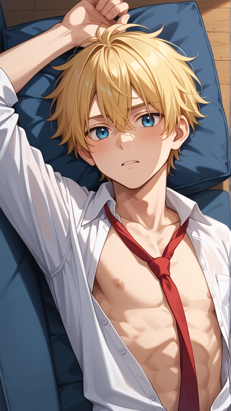 solo, masculine man, messy yellow tied hair, rat tail hair, red left eye, blue left eye, heterochromia, submissive, pleading expression, on bed, unbuttoned shirt, bulge on pants, pre-cum on pants, sweating, panting, hot, erotic, lewd, nsfw, messy, wrists tied up above head, lying down, drooling, hot, sexy, feminine hands on his chest